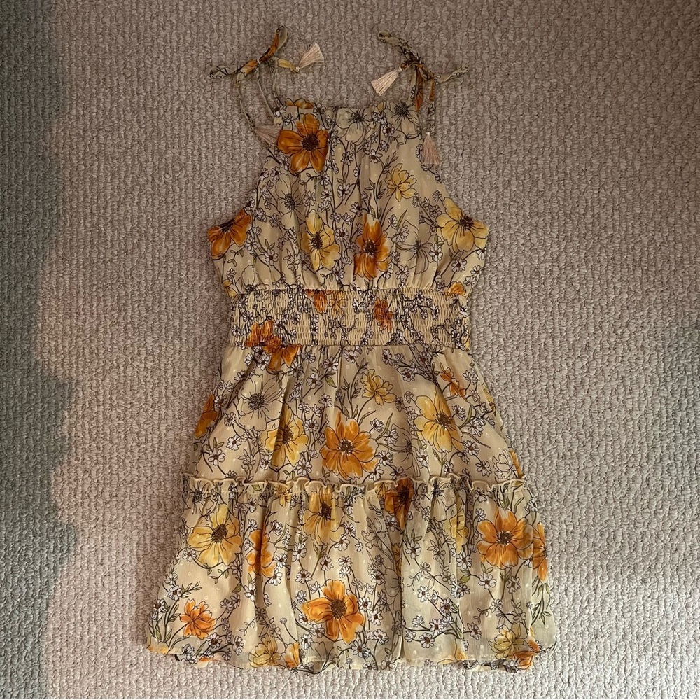 Boutique North End Yellow Floral Cinch Waist Dress